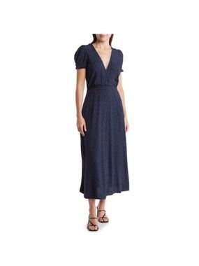Madewell Navy V-Neck Puff Sleeve Midi Dress